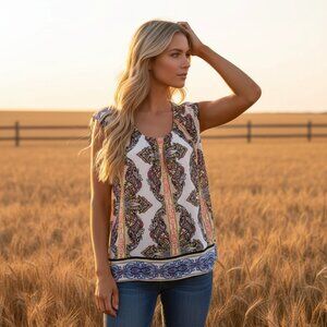 Dana Buchman L Top White Paisley Sleeveless Boho Coastal Office Indie Chic Mod